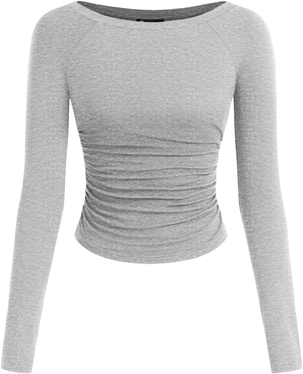 PRETTYGARDEN Long Sleeve Shirts for Women 2025 Fall Ruched Sides Boat Neck Basic Tee Casual Fitted Ribbed Knit Crop Tops