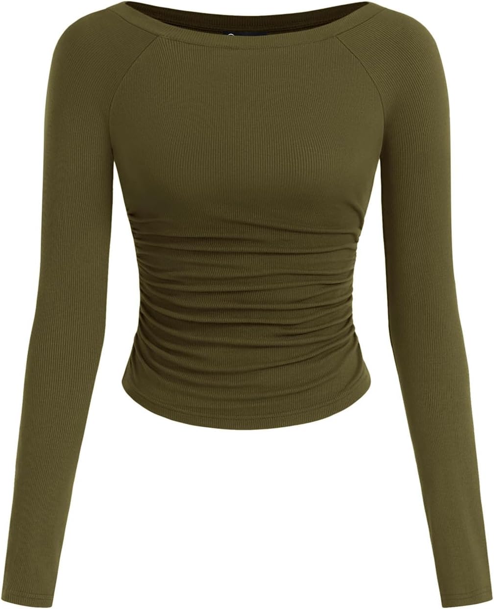 PRETTYGARDEN Long Sleeve Shirts for Women 2025 Fall Ruched Sides Boat Neck Basic Tee Casual Fitted Ribbed Knit Crop Tops