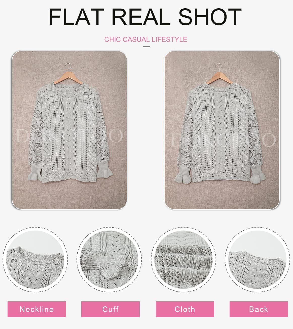 Dokotoo Womens Crewneck Crochet Lace Long Sleeve Hollow Out Cable Knit Sweaters Pullover Tops