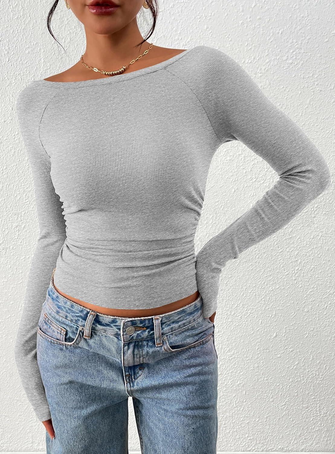 PRETTYGARDEN Long Sleeve Shirts for Women 2025 Fall Ruched Sides Boat Neck Basic Tee Casual Fitted Ribbed Knit Crop Tops