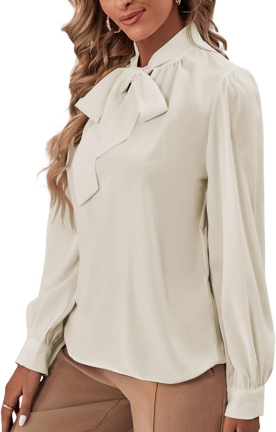 Rooscier Women's Bow Tie Neck Long Sleeve Buttton Cuff Chiffon Elegant Blouse
