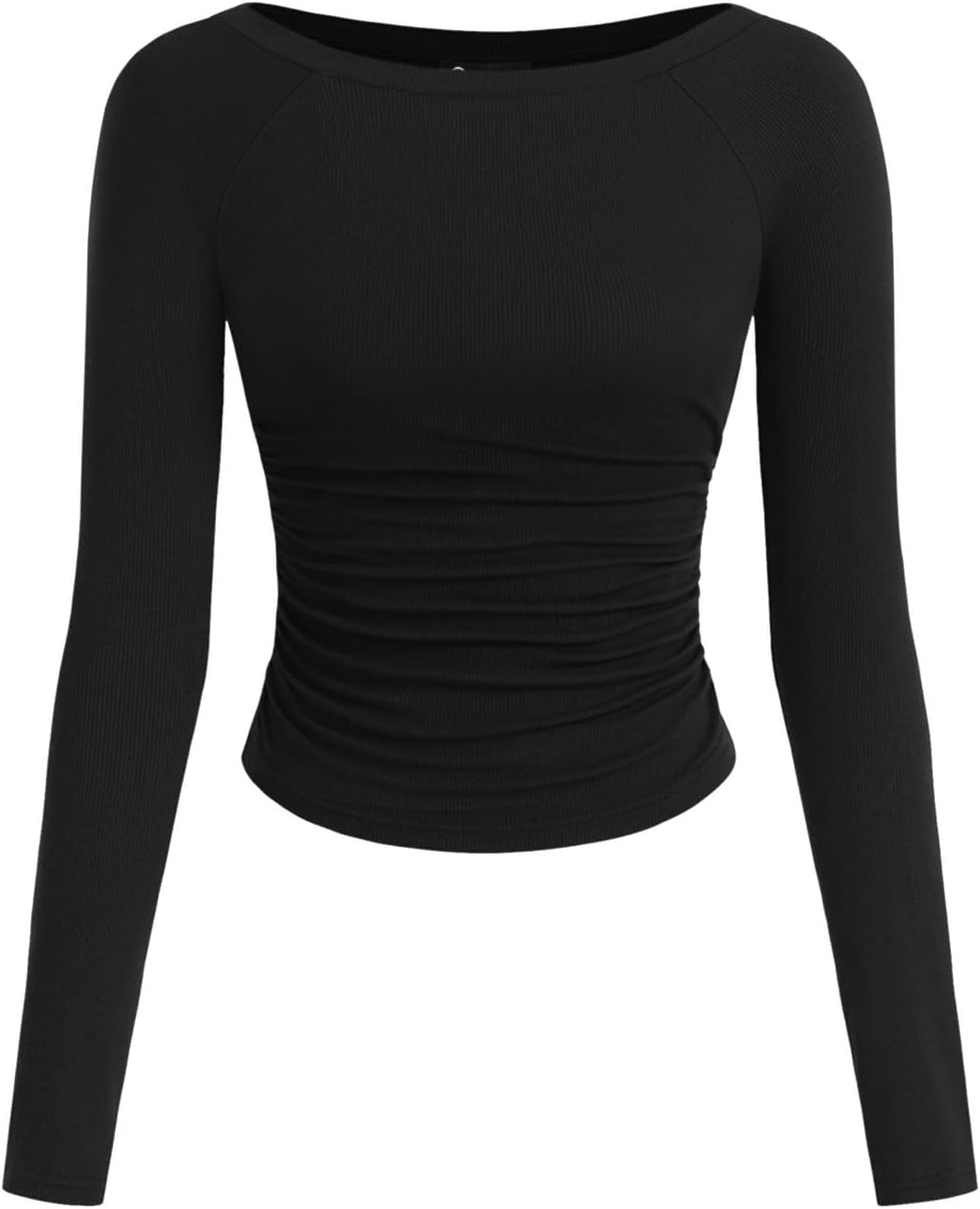 PRETTYGARDEN Long Sleeve Shirts for Women 2025 Fall Ruched Sides Boat Neck Basic Tee Casual Fitted Ribbed Knit Crop Tops