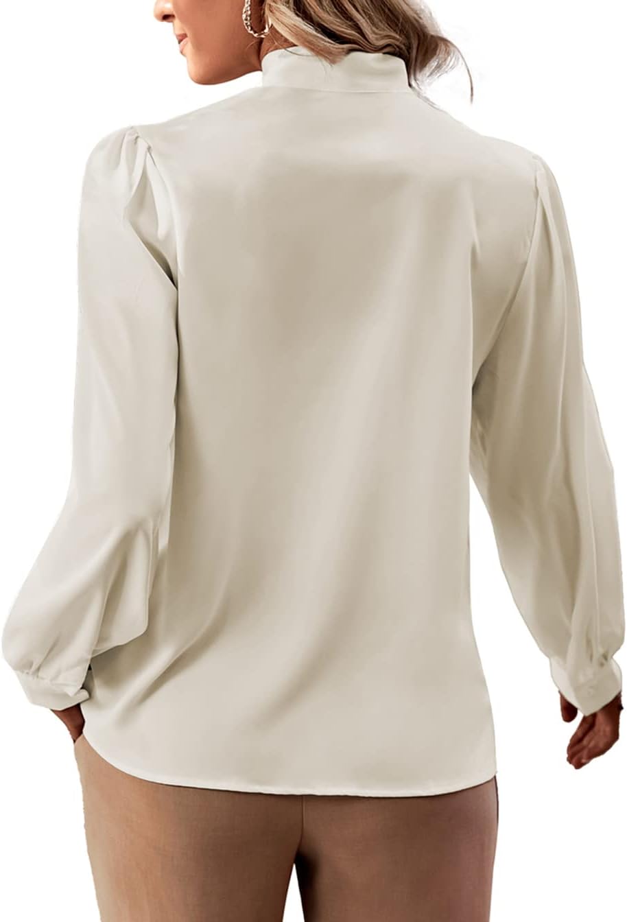 Rooscier Women's Bow Tie Neck Long Sleeve Buttton Cuff Chiffon Elegant Blouse
