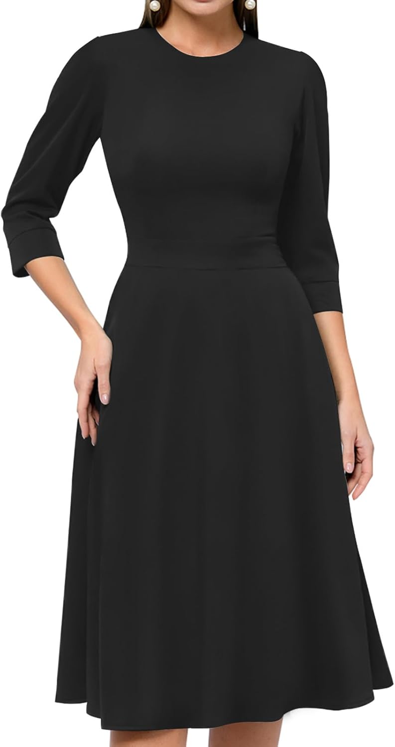Simple Flavor Women's Floral Vintage Dress Elegant Midi Evening Dress 3/4 Sleeves