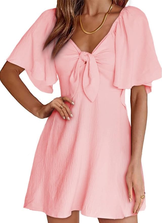 Dokotoo Womens Dresses 2025 Summer Fall Deep V Neck Elegant Bow tie Mini Dress S-XL