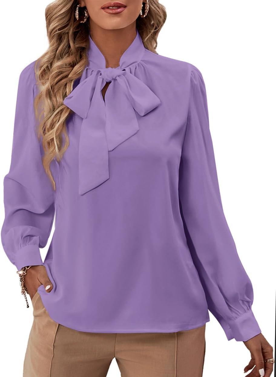 Rooscier Women's Bow Tie Neck Long Sleeve Buttton Cuff Chiffon Elegant Blouse