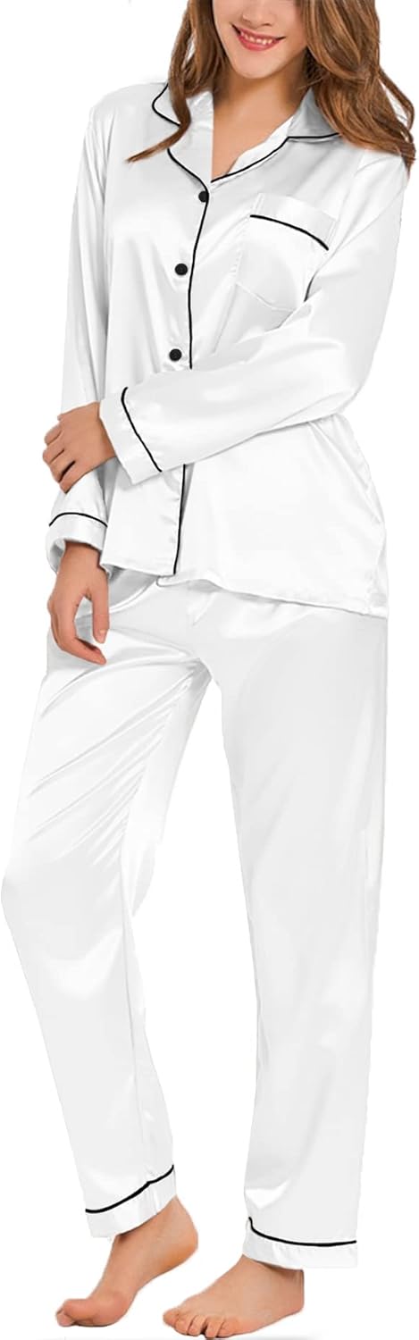 SWOMOG Womens Silk Satin Pajamas Set Long Sleeve Button Down Sleepwear 2 Piece Lounge Set Pj Set XS-3XL