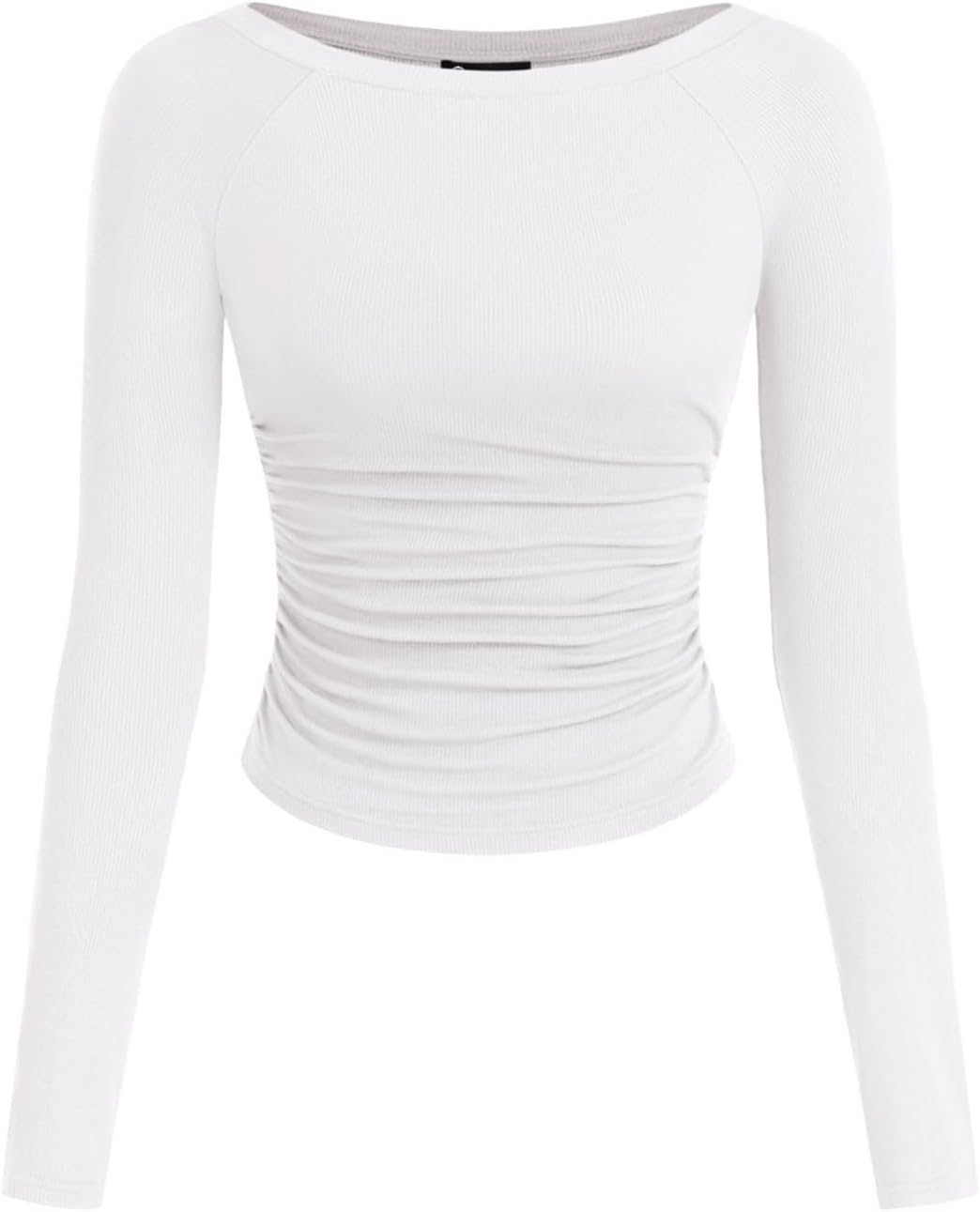 PRETTYGARDEN Long Sleeve Shirts for Women 2025 Fall Ruched Sides Boat Neck Basic Tee Casual Fitted Ribbed Knit Crop Tops