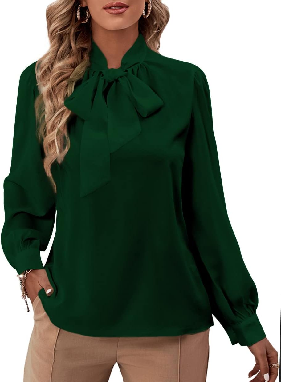 Rooscier Women's Bow Tie Neck Long Sleeve Buttton Cuff Chiffon Elegant Blouse