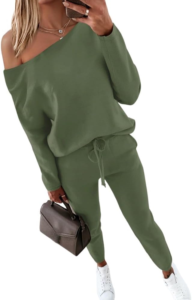 CHICME Women Tracksuit 2025 Fall 2 piece Outfits Off The Shoulder Long Sleeve Tops and Pants Set Travel Outfits