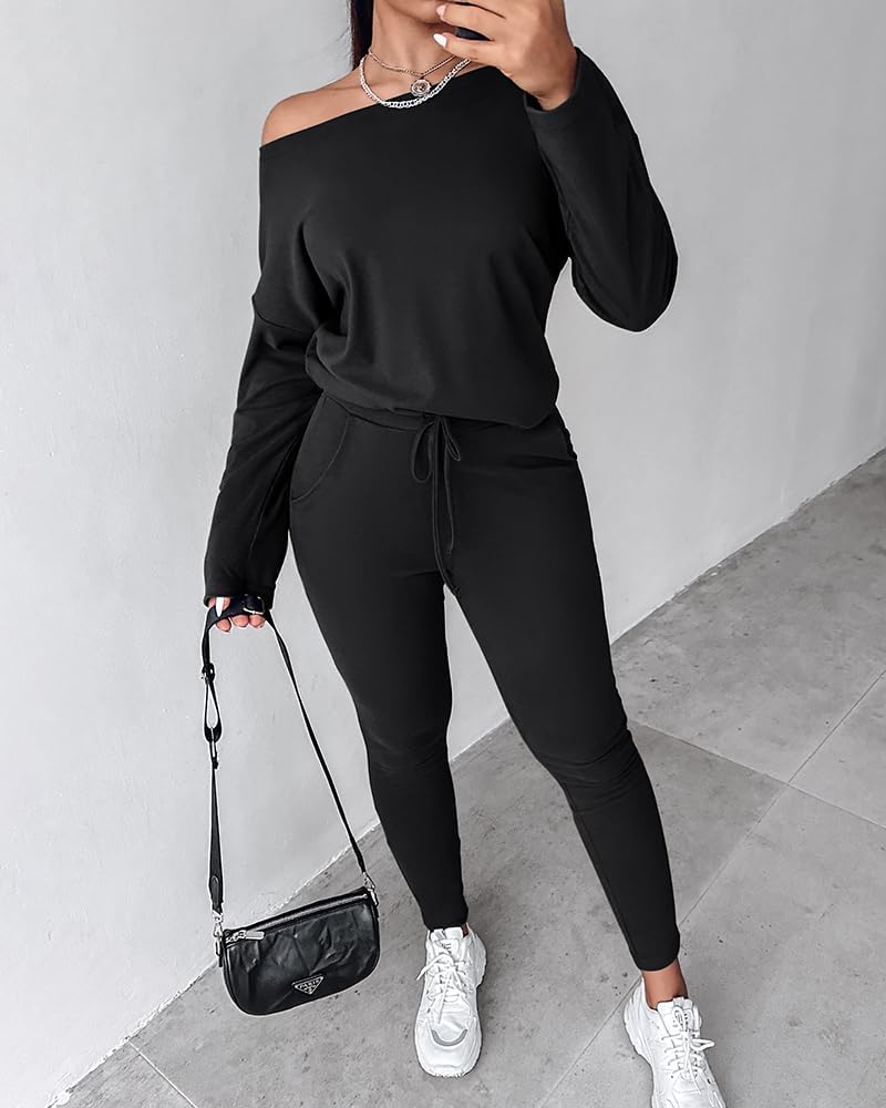 CHICME Women Tracksuit 2025 Fall 2 piece Outfits Off The Shoulder Long Sleeve Tops and Pants Set Travel Outfits