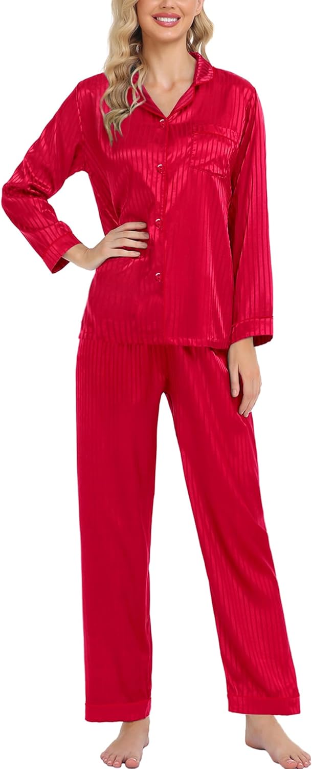 SWOMOG Womens Silk Satin Pajamas Set Long Sleeve Button Down Sleepwear 2 Piece Lounge Set Pj Set XS-3XL