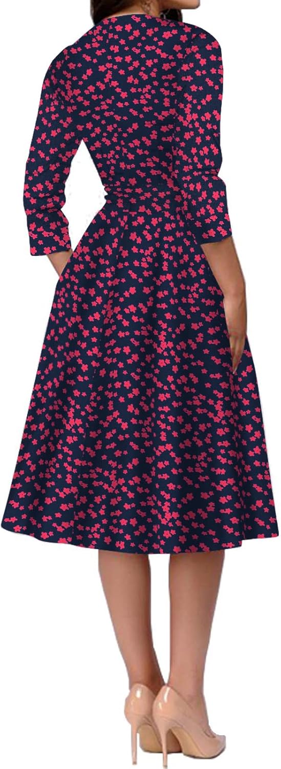 Simple Flavor Women's Floral Vintage Dress Elegant Midi Evening Dress 3/4 Sleeves