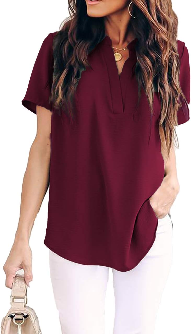 Allimy Women Summer Casual Split V Neckline Chiffon Blouses Loose Tunic Short Sleeve Tops