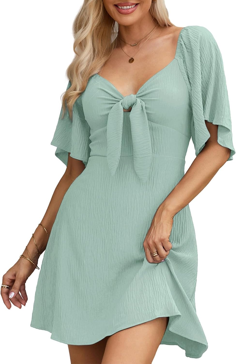 Dokotoo Womens Dresses 2025 Summer Fall Deep V Neck Elegant Bow tie Mini Dress S-XL