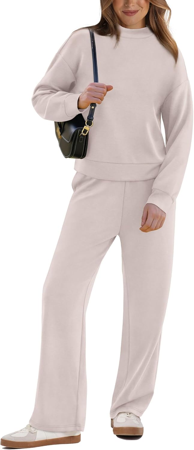 WIHOLL Two Piece Sets for Women Fall Outfits Lounge Sets Mock Neck Tops Wide Leg Pants Vacation Travel Airport Outfits