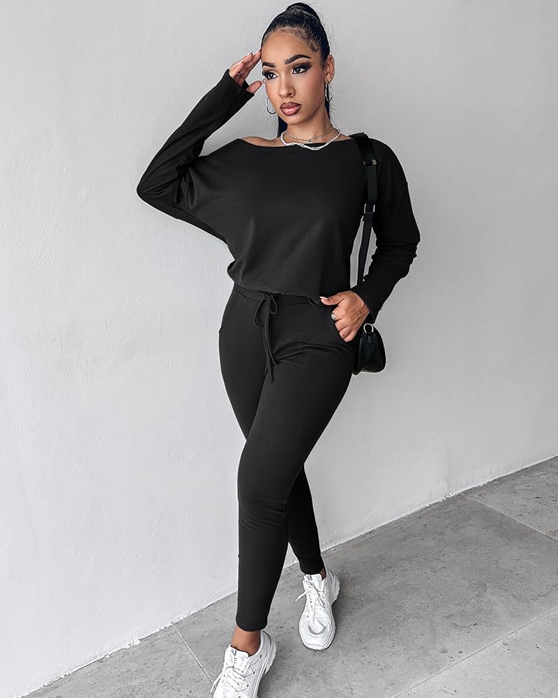 CHICME Women Tracksuit 2025 Fall 2 piece Outfits Off The Shoulder Long Sleeve Tops and Pants Set Travel Outfits
