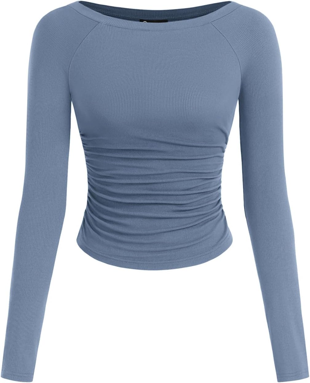 PRETTYGARDEN Long Sleeve Shirts for Women 2025 Fall Ruched Sides Boat Neck Basic Tee Casual Fitted Ribbed Knit Crop Tops