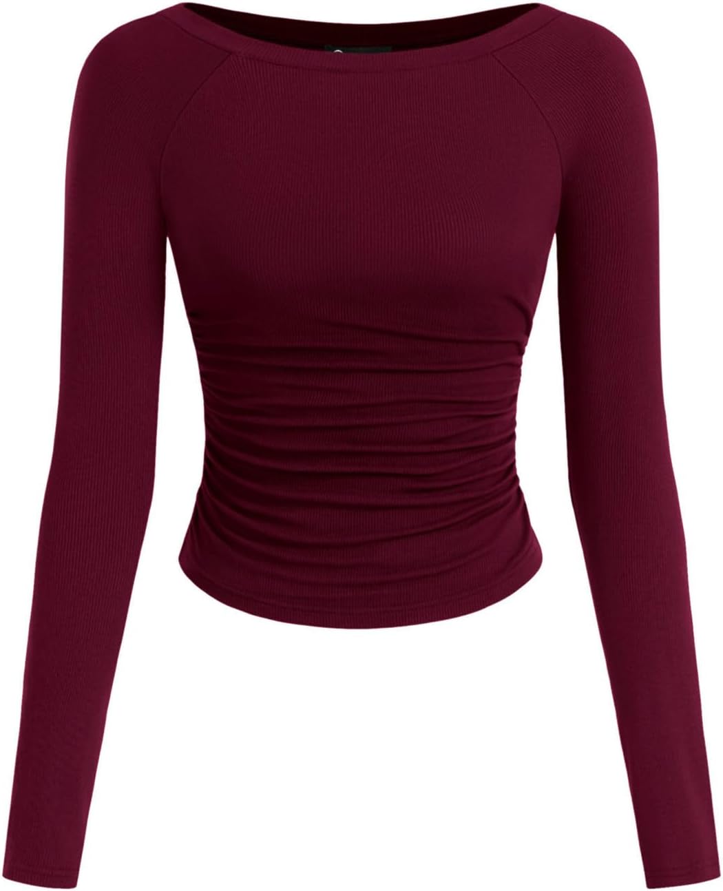PRETTYGARDEN Long Sleeve Shirts for Women 2025 Fall Ruched Sides Boat Neck Basic Tee Casual Fitted Ribbed Knit Crop Tops