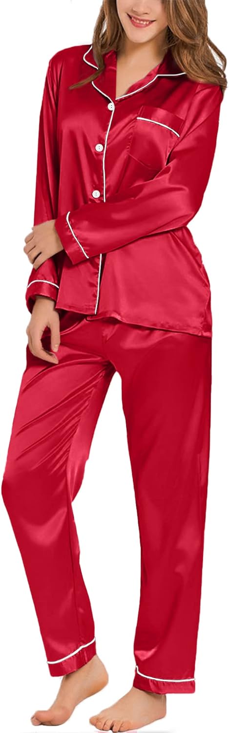 SWOMOG Womens Silk Satin Pajamas Set Long Sleeve Button Down Sleepwear 2 Piece Lounge Set Pj Set XS-3XL
