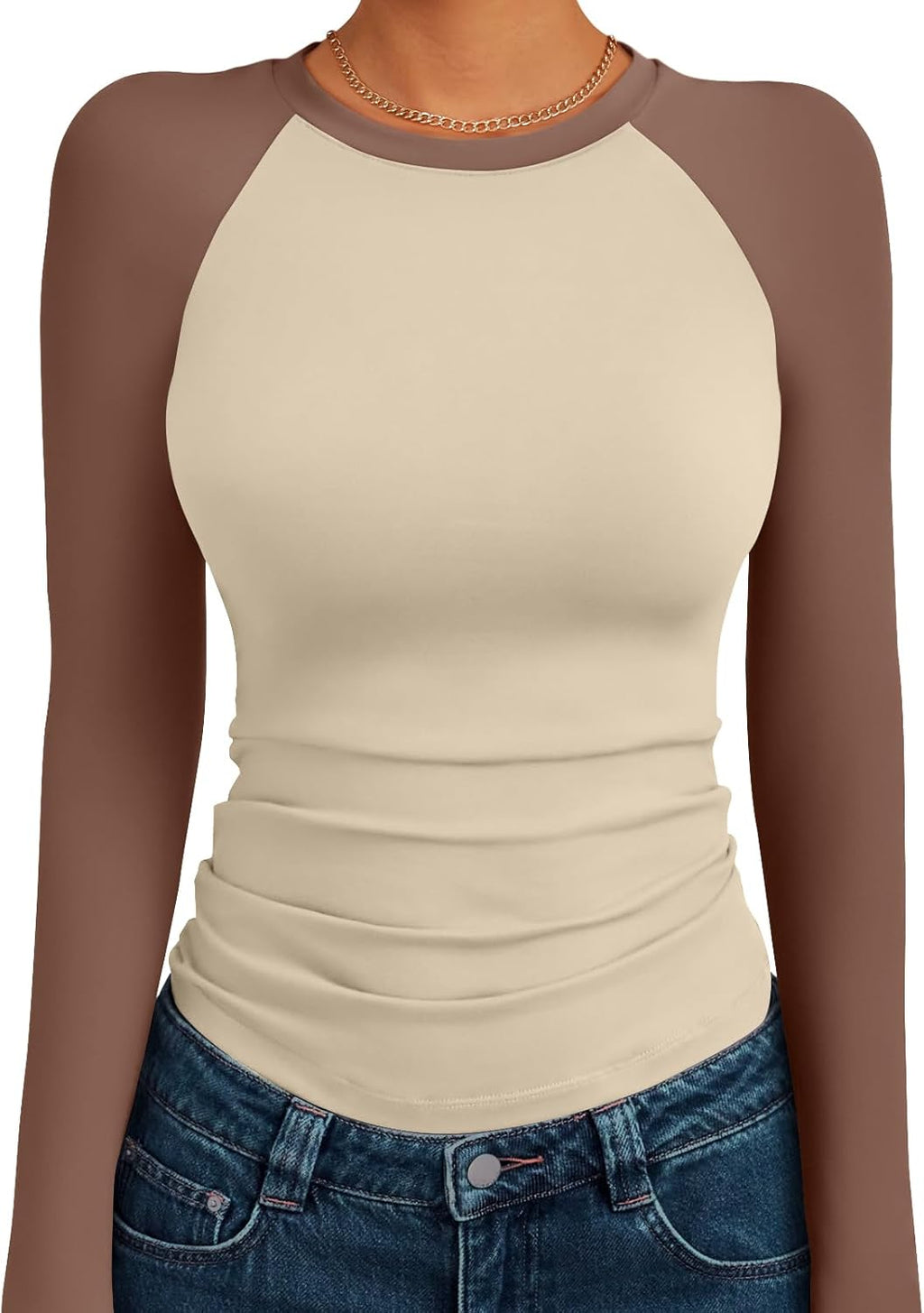 Trendy Queen Women's Long Sleeve Shirts Slim Fit Stretchy Color Block Slightly Cropped Tops