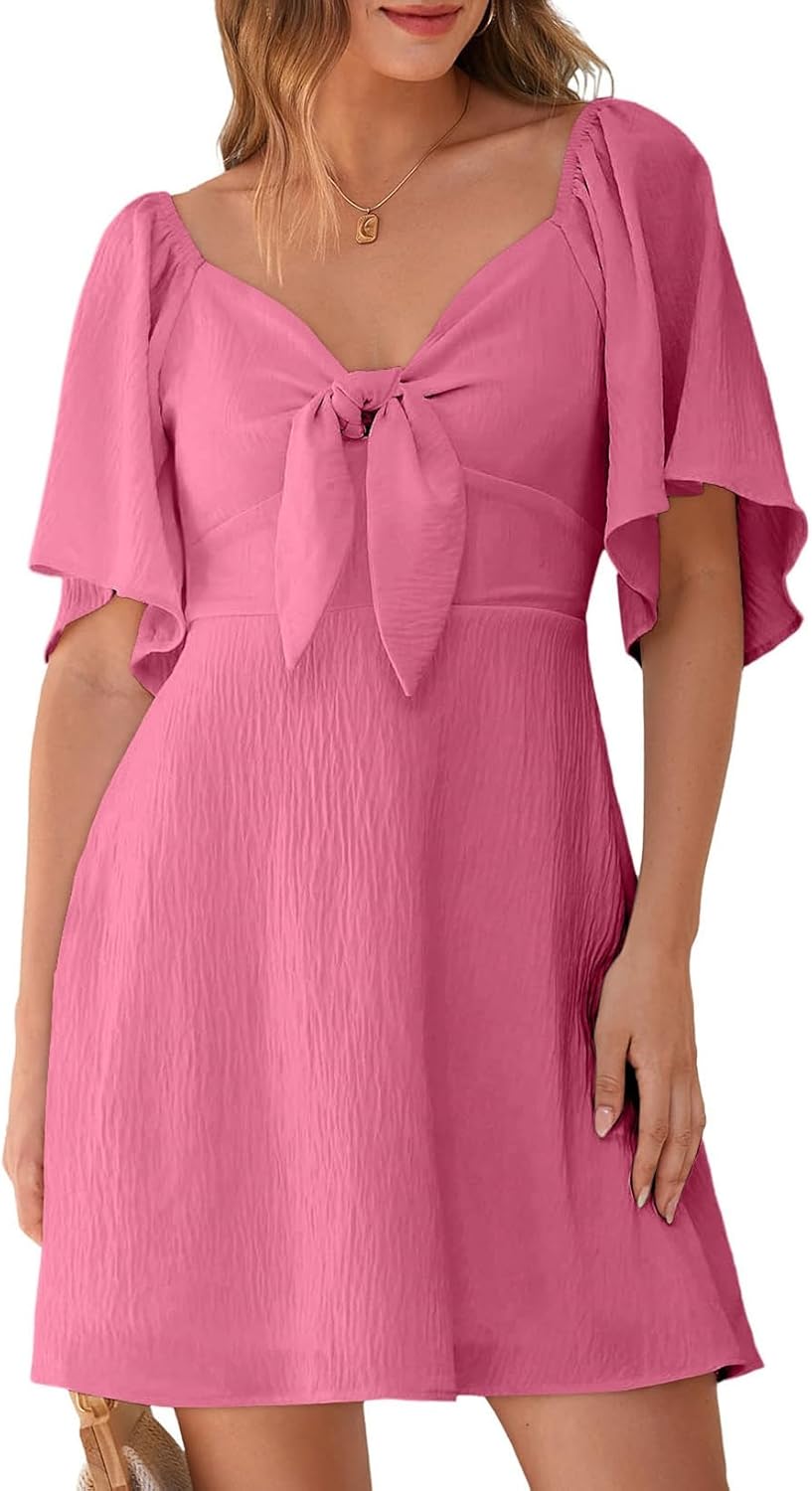 Dokotoo Womens Dresses 2025 Summer Fall Deep V Neck Elegant Bow tie Mini Dress S-XL