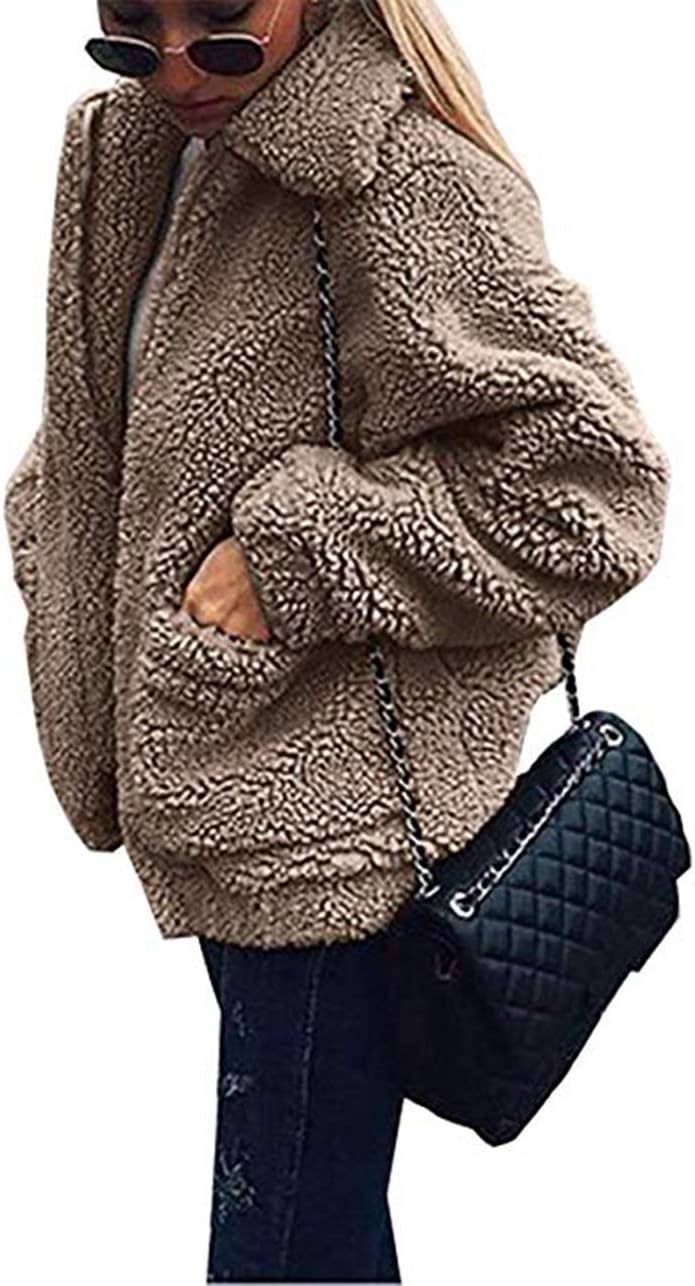 Comeon Women's Coat Casual Lapel Fleece Fuzzy Faux Shearling Zipper Coats Warm Winter Oversized Outwear Jackets