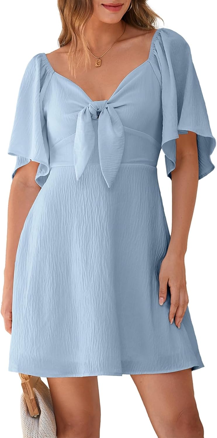 Dokotoo Womens Dresses 2025 Summer Fall Deep V Neck Elegant Bow tie Mini Dress S-XL