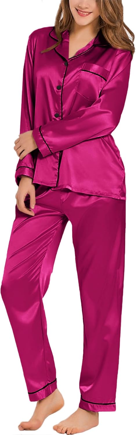 SWOMOG Womens Silk Satin Pajamas Set Long Sleeve Button Down Sleepwear 2 Piece Lounge Set Pj Set XS-3XL