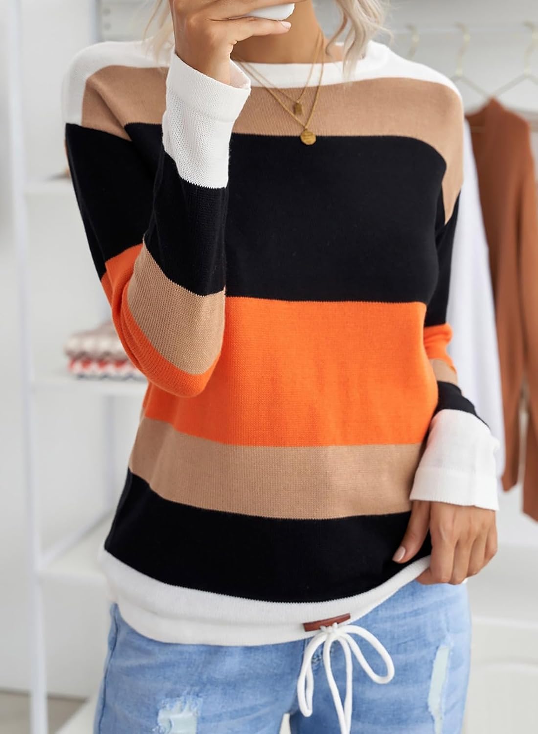 Dokotoo Womens Sweaters Striped Fall Winter Outfits 2025 Crewneck Drawstring Color Block Fashion Clothing