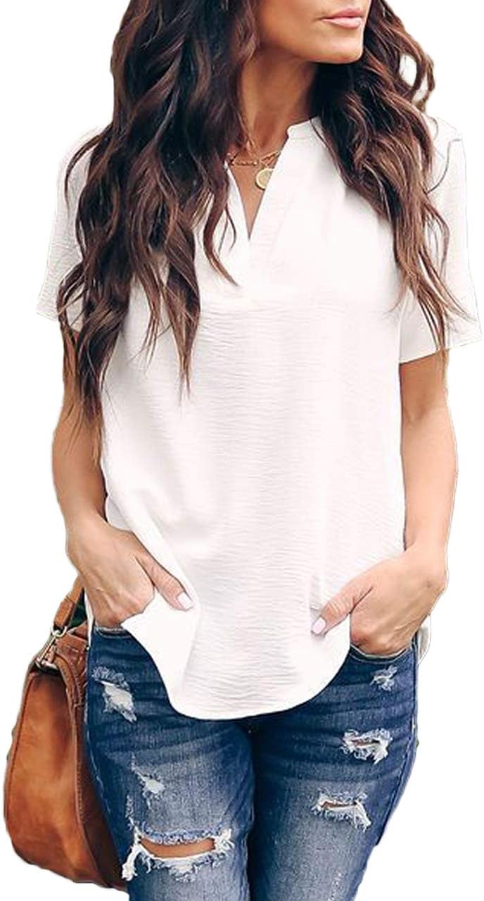 Allimy Women Summer Casual Split V Neckline Chiffon Blouses Loose Tunic Short Sleeve Tops