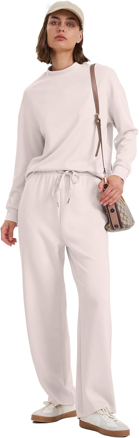 WIHOLL Two Piece Sets for Women Fall Outfits Lounge Sets Mock Neck Tops Wide Leg Pants Vacation Travel Airport Outfits