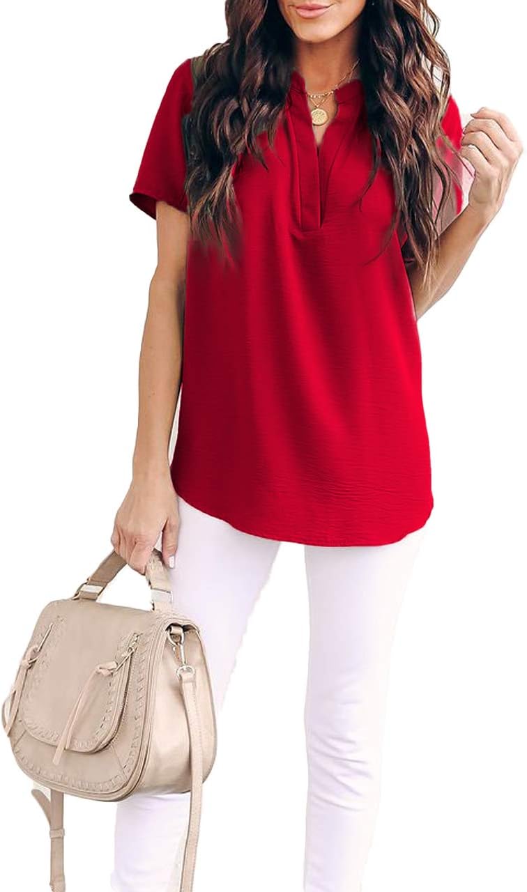 Allimy Women Summer Casual Split V Neckline Chiffon Blouses Loose Tunic Short Sleeve Tops