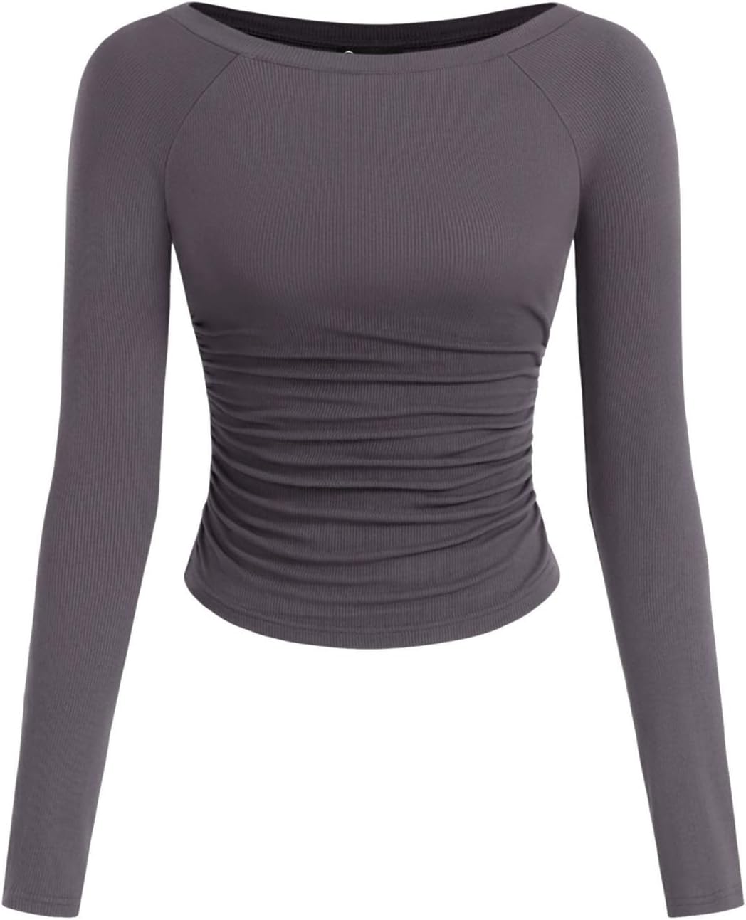 PRETTYGARDEN Long Sleeve Shirts for Women 2025 Fall Ruched Sides Boat Neck Basic Tee Casual Fitted Ribbed Knit Crop Tops