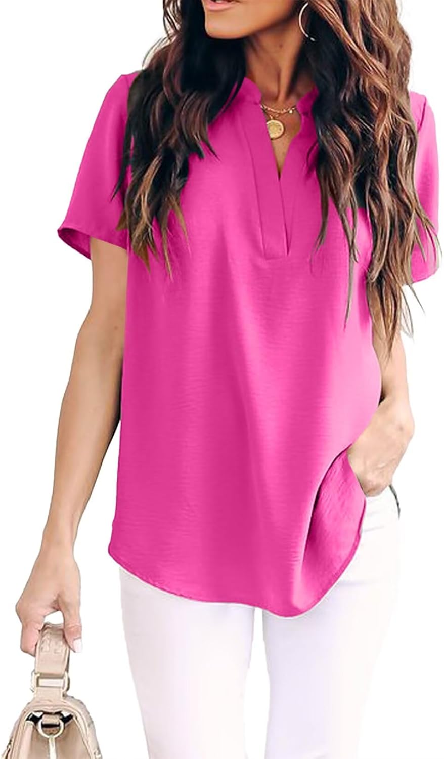 Allimy Women Summer Casual Split V Neckline Chiffon Blouses Loose Tunic Short Sleeve Tops
