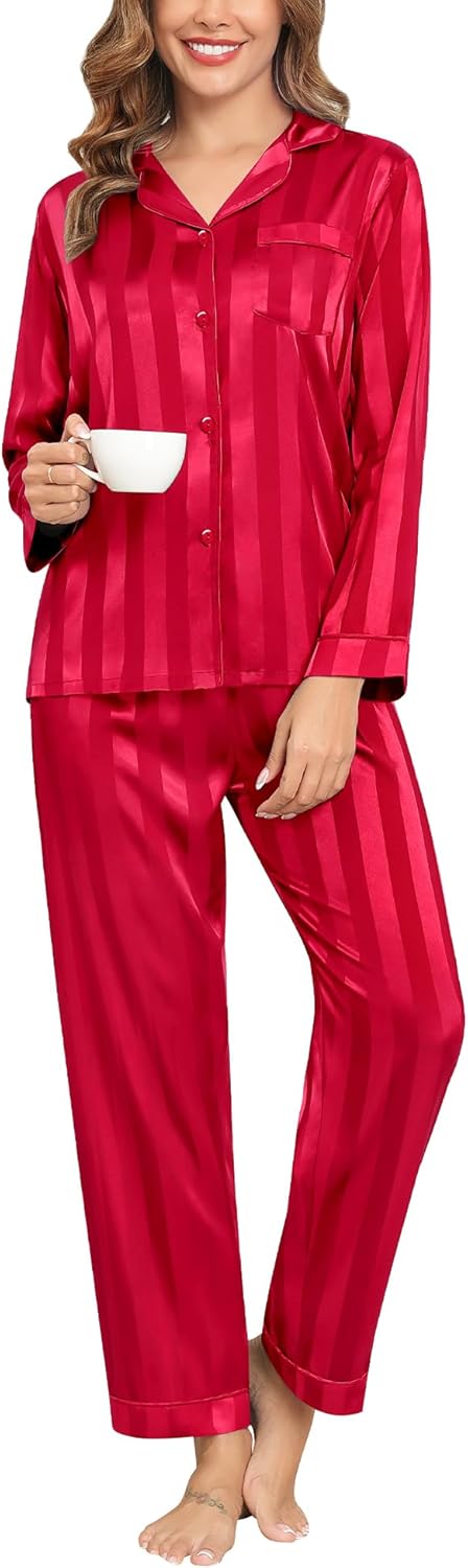 SWOMOG Womens Silk Satin Pajamas Set Long Sleeve Button Down Sleepwear 2 Piece Lounge Set Pj Set XS-3XL
