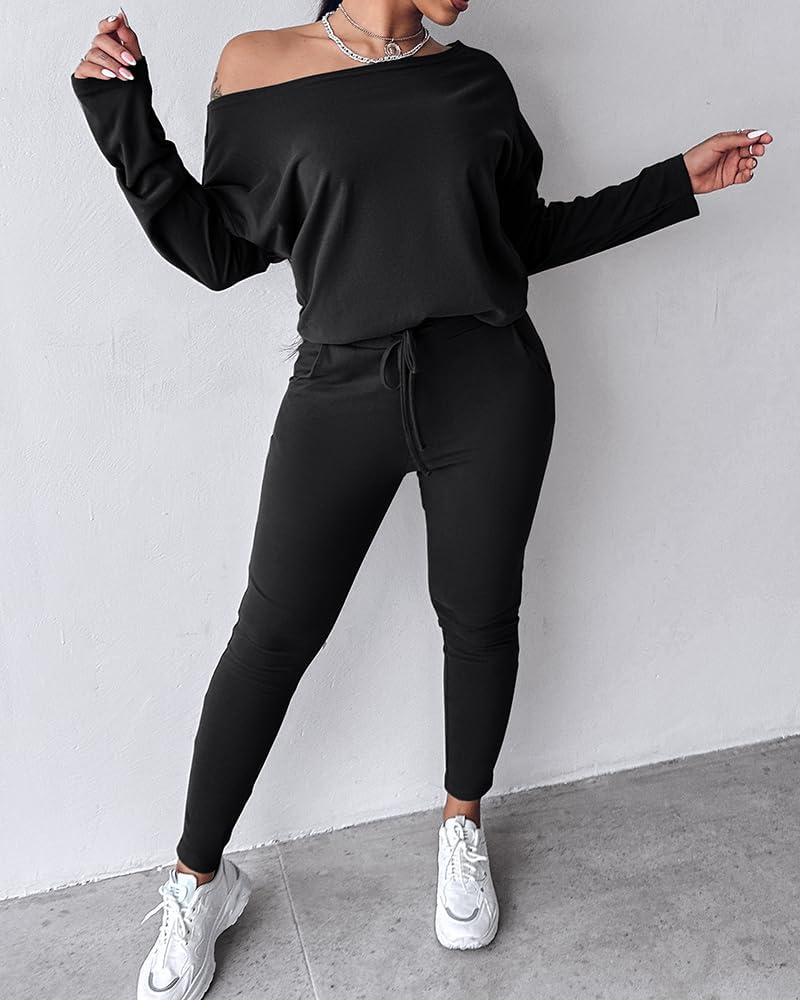 CHICME Women Tracksuit 2025 Fall 2 piece Outfits Off The Shoulder Long Sleeve Tops and Pants Set Travel Outfits