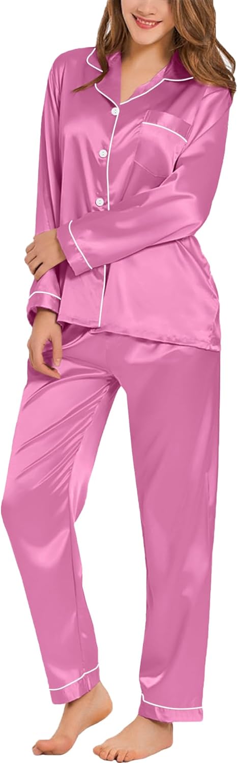 SWOMOG Womens Silk Satin Pajamas Set Long Sleeve Button Down Sleepwear 2 Piece Lounge Set Pj Set XS-3XL