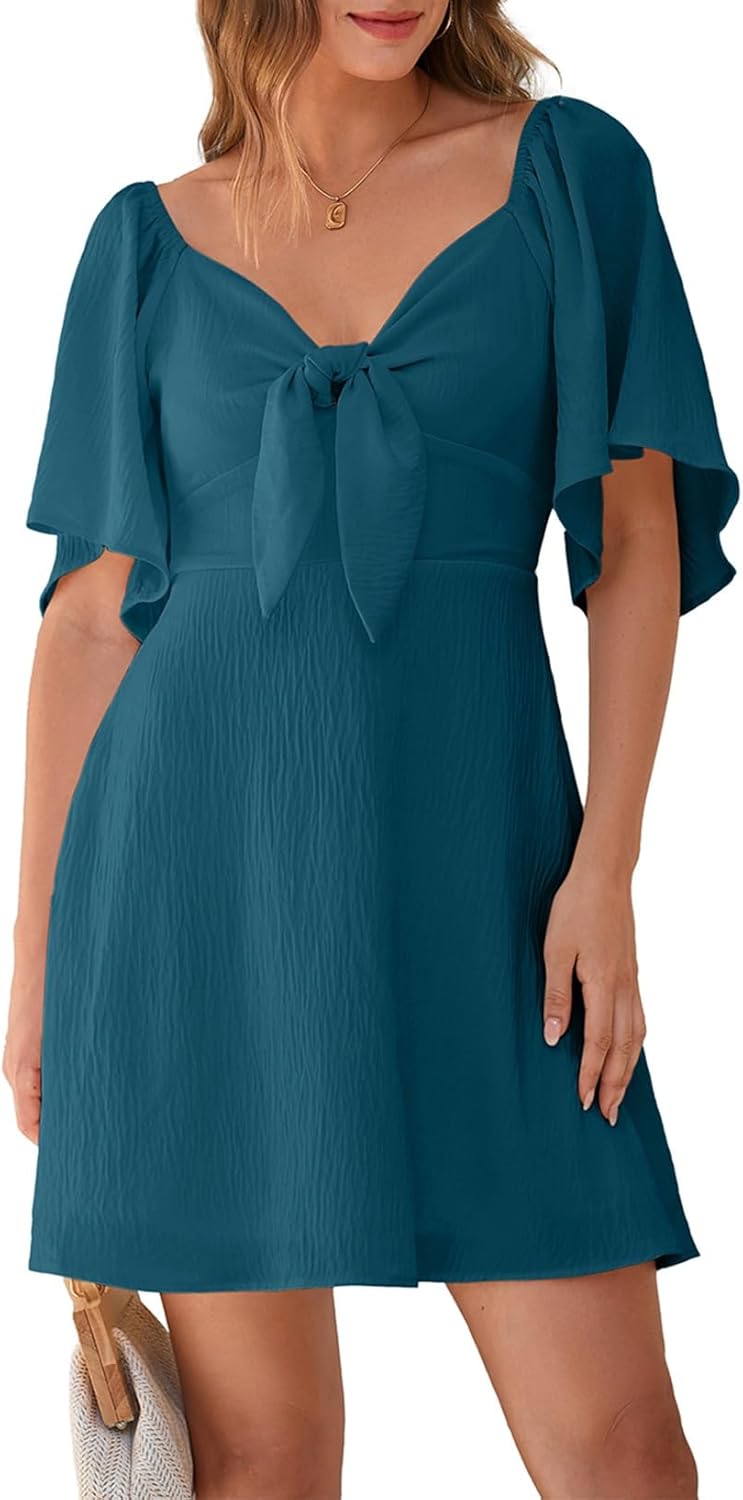 Dokotoo Womens Dresses 2025 Summer Fall Deep V Neck Elegant Bow tie Mini Dress S-XL