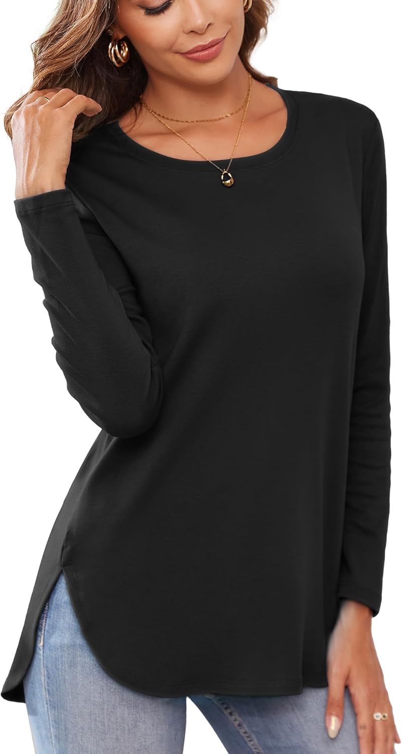 Herou Women's Casual Long Sleeve T Shirt Crewneck With Side Split Fall Pullover Loose Tunic Sweater Tops