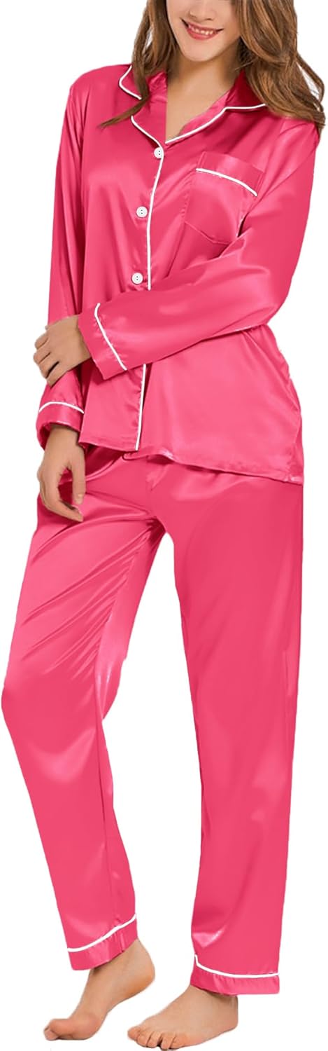 SWOMOG Womens Silk Satin Pajamas Set Long Sleeve Button Down Sleepwear 2 Piece Lounge Set Pj Set XS-3XL