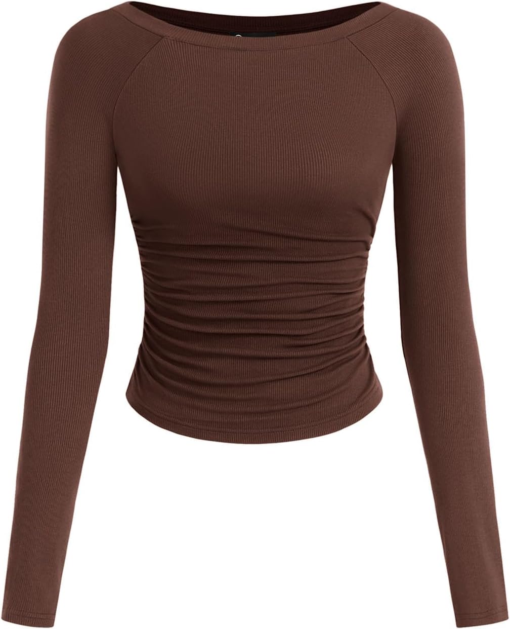 PRETTYGARDEN Long Sleeve Shirts for Women 2025 Fall Ruched Sides Boat Neck Basic Tee Casual Fitted Ribbed Knit Crop Tops