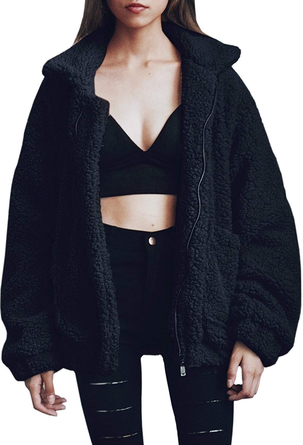 Comeon Women's Coat Casual Lapel Fleece Fuzzy Faux Shearling Zipper Coats Warm Winter Oversized Outwear Jackets