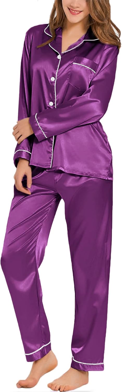SWOMOG Womens Silk Satin Pajamas Set Long Sleeve Button Down Sleepwear 2 Piece Lounge Set Pj Set XS-3XL
