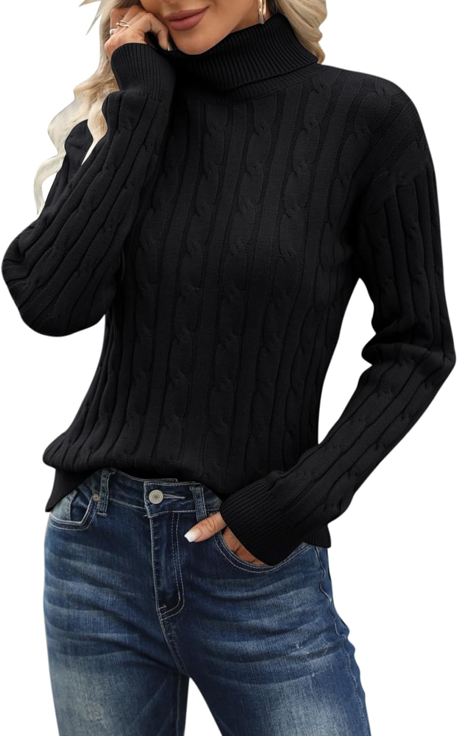 Esobo Women's Classic-fit Lightweight Cable Long Sleeve Mockneck Loose Casual Sweater Jumpers
