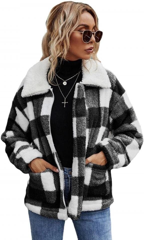 Comeon Women's Coat Casual Lapel Fleece Fuzzy Faux Shearling Zipper Coats Warm Winter Oversized Outwear Jackets