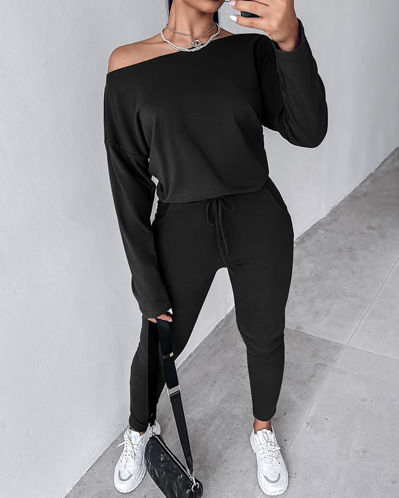CHICME Women Tracksuit 2025 Fall 2 piece Outfits Off The Shoulder Long Sleeve Tops and Pants Set Travel Outfits