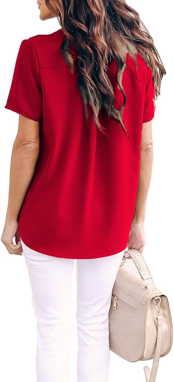 Allimy Women Summer Casual Split V Neckline Chiffon Blouses Loose Tunic Short Sleeve Tops