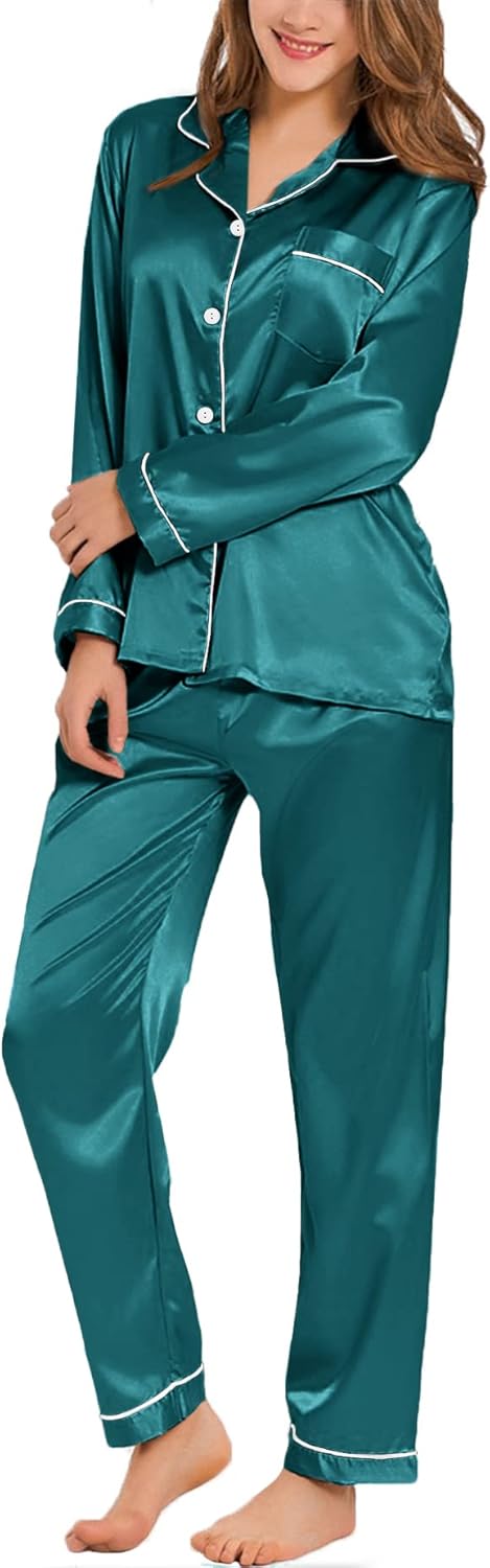 SWOMOG Womens Silk Satin Pajamas Set Long Sleeve Button Down Sleepwear 2 Piece Lounge Set Pj Set XS-3XL