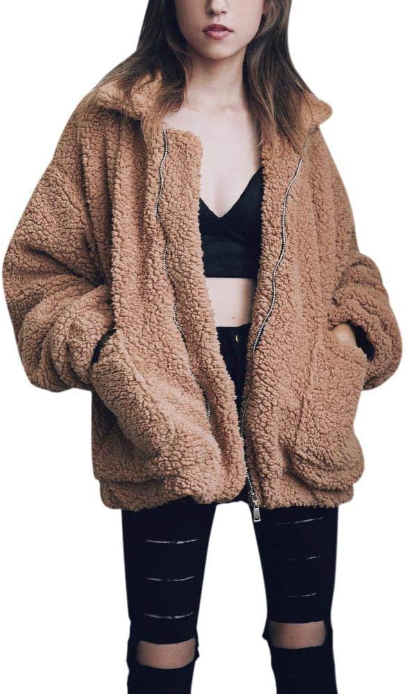 Comeon Women's Coat Casual Lapel Fleece Fuzzy Faux Shearling Zipper Coats Warm Winter Oversized Outwear Jackets